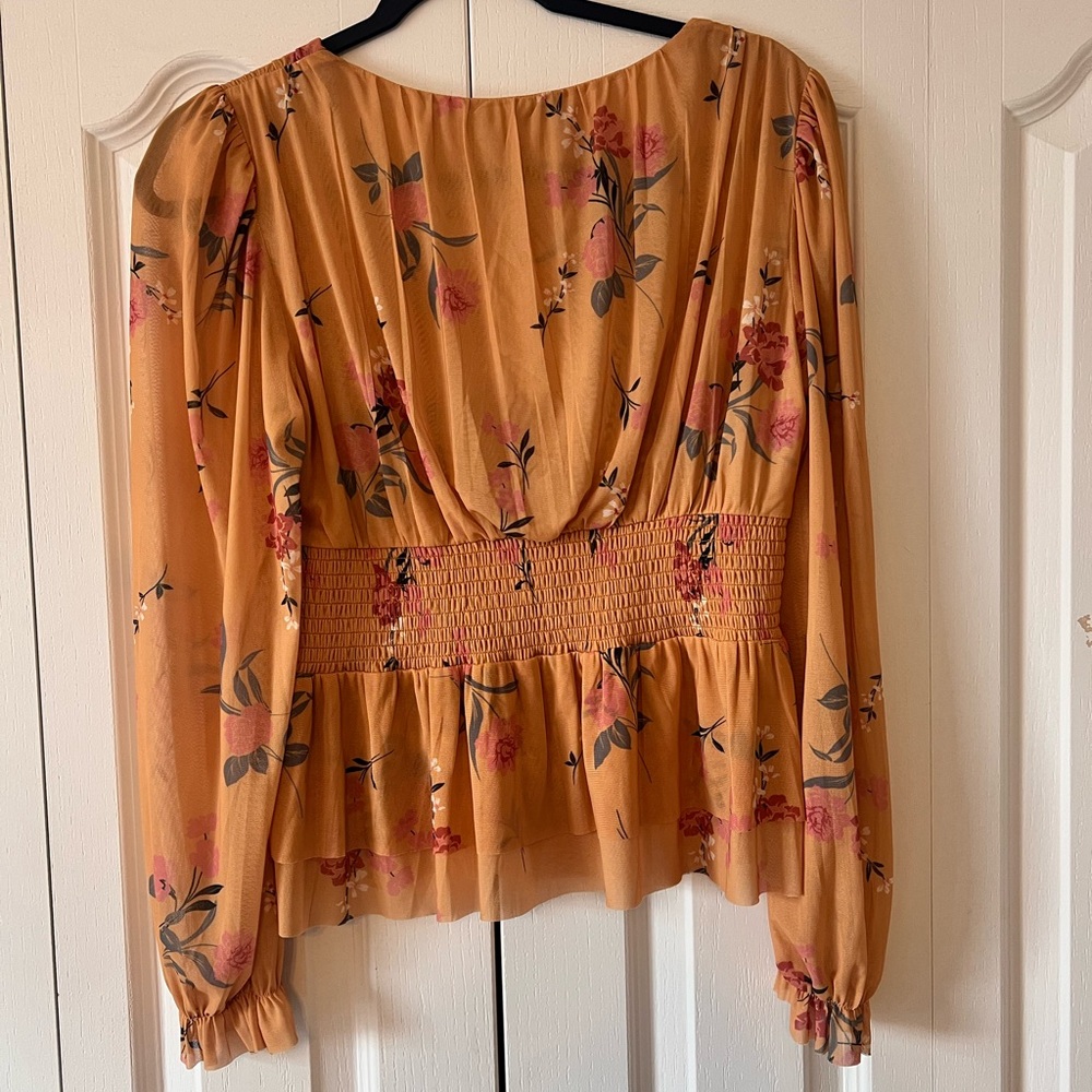 DR2 Mustard Floral Smocked Peplum Blouse